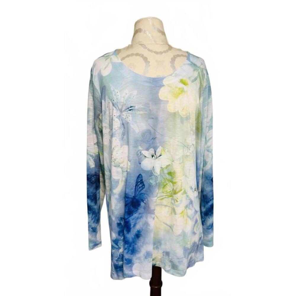 Time & Tru Blue Long Sleeve Floral, Butterfly & Tie-Dye Print Tunic Top- XXL